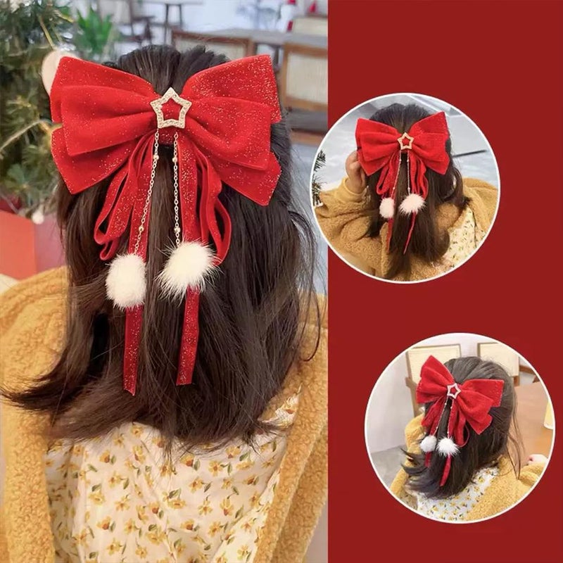Christmas Hair Bow Clip Red Velvet Bowknot, Red Glitter Hair Bows with Plush Ball, Design Stylish Hairs Bows Girls Women, For Christmas,Valentine's Day New Year Hairs Decorations - Image 3